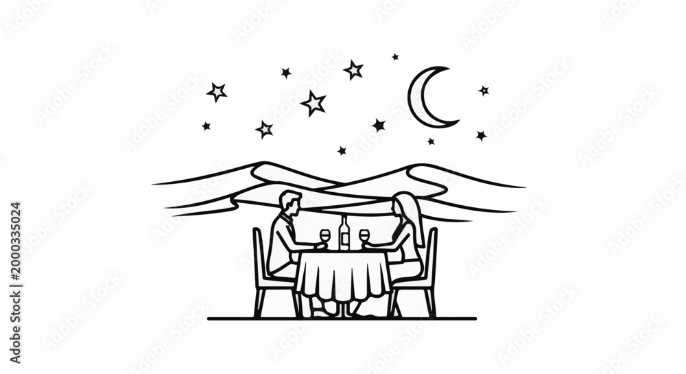 Fototapeta premium Couple dining outdoors under a crescent moon and starry sky