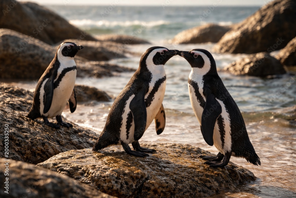Fototapeta premium Full body profile of African penguins interacting by rocky shore