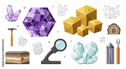 Geology Pixel Art Collection with Gemstones and Mining Tools