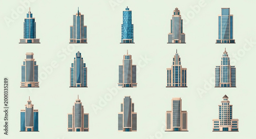 Collection of diverse modern city skyscrapers and office buildings.