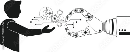 Silhouette of a person operating a complex robotic arm with a camera attachment showcasing technological advancement