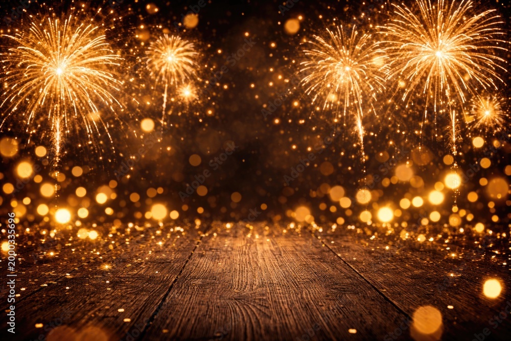 Fototapeta premium Joyful New Year party backdrop showing golden fireworks and glowing bokeh on a textured dark wood surface