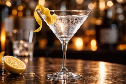 Chilled martini cocktail displayed in a stemmed glass with lemon peel