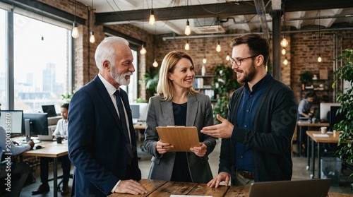 Cross-generational business team collaborating in a creative modern office