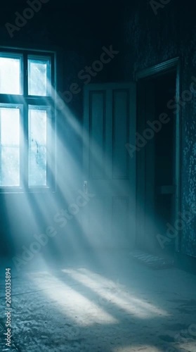 Haunted Interior with Light Rays and Mist