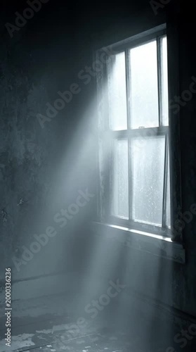 Foggy Haunted Empty Room with Eerie Light Beams