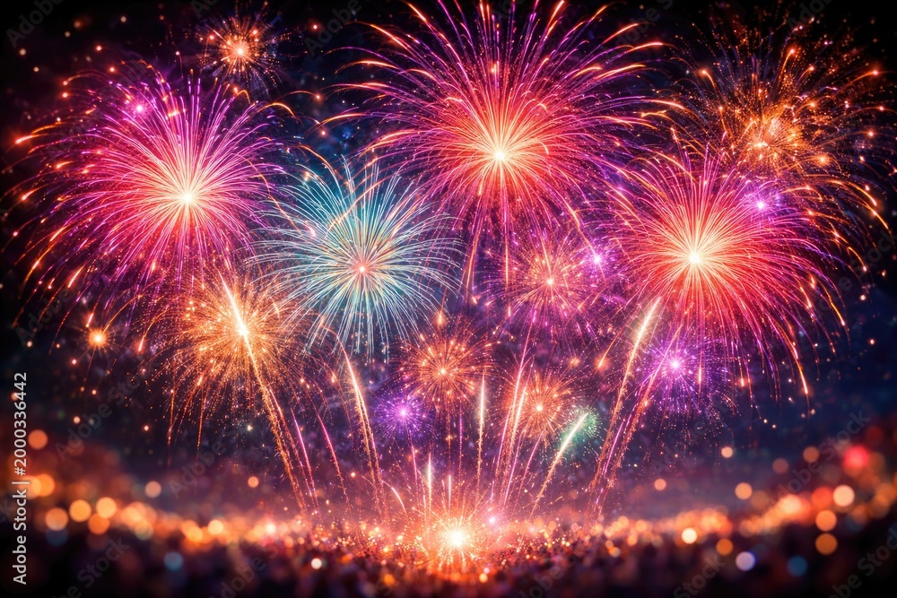 Fototapeta premium Dynamic abstract colorful fireworks creating a festive anniversary backdrop