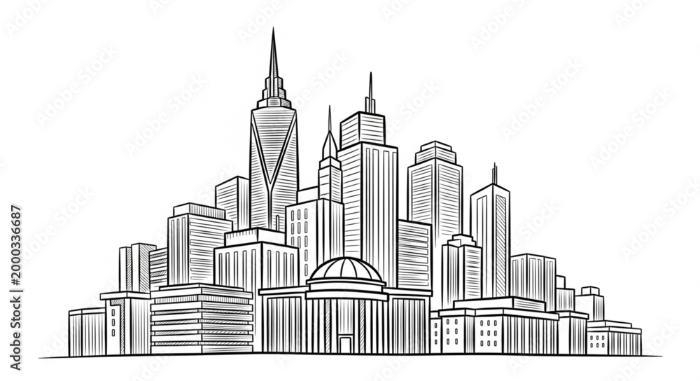 Fototapeta premium Modern Cityscape Skyline Sketch Drawing.