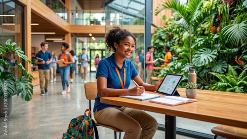 African American woman student writing in notebook using tablet in modern plant-filled atrium. Technology and green education concept