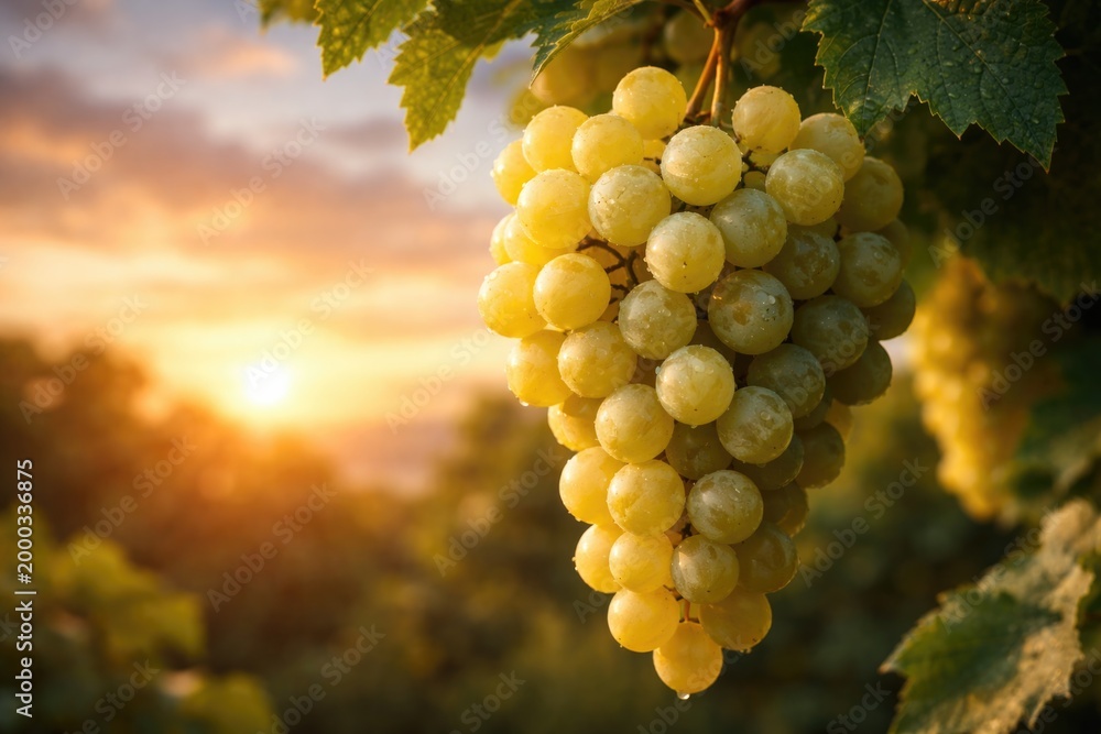 Fototapeta premium Close up of white grape bunch hanging with copy space and sunset sky behind