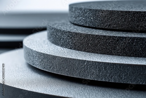 Close up of layered textured circular surfaces in shades of gray