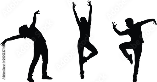 Expressive silhouettes of three dancers in dynamic poses, energetic movement, rhythm, and artistic choreography isolated on white background