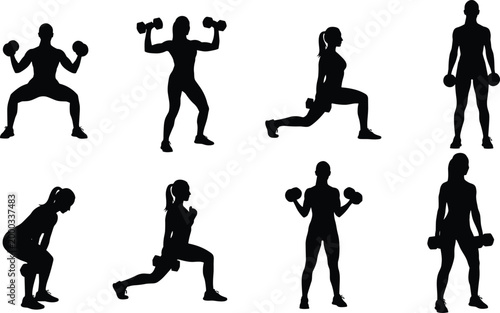Silhouettes of people performing dumbbell exercises including squats, lunges, shoulder presses, and bicep curls for fitness training