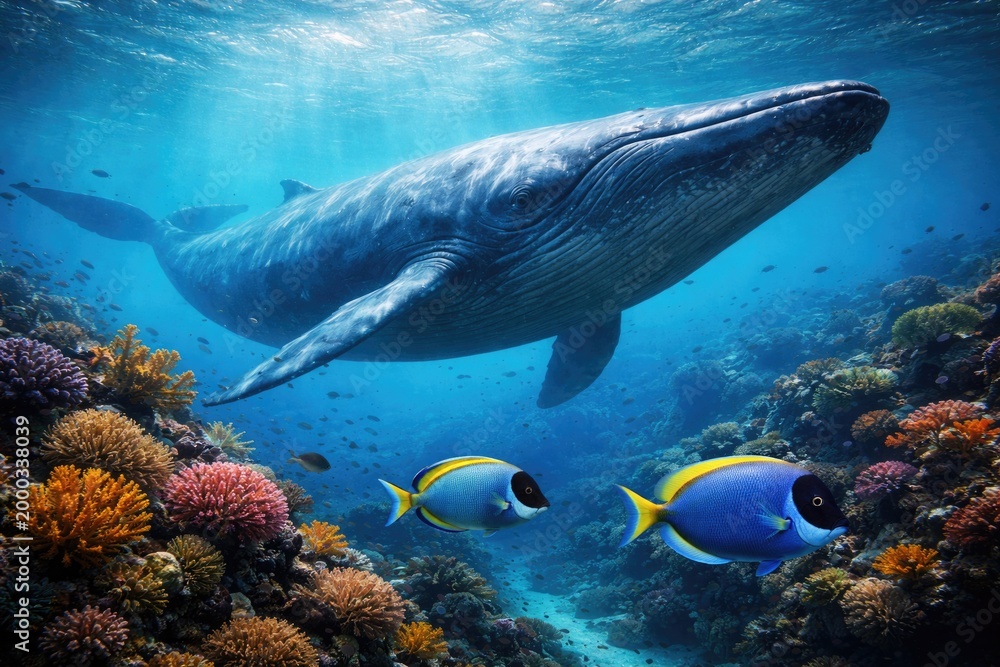 Fototapeta premium graceful blue whale moving with two fish through a vivid coral reef backdrop