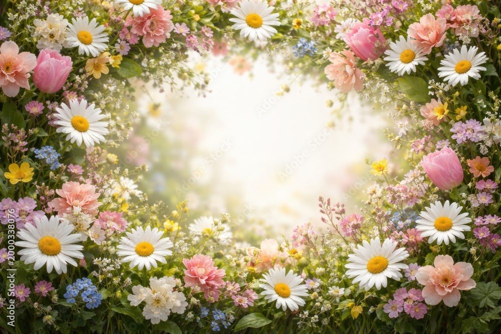Fototapeta premium Fresh spring flower border with an arrangement of petite daisies and seasonal blossoms