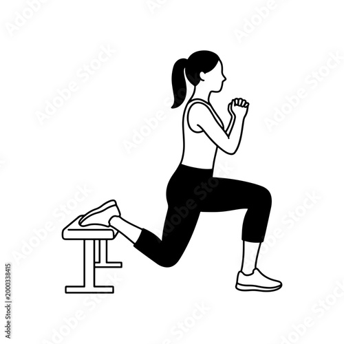 A minimalist black and white line art illustration of a female athlete doing Bulgarian split squats using a gym bench for lower body training.