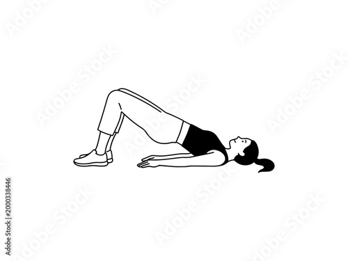 A minimalist black and white line art vector of a woman doing a hip thrust or glute bridge exercise for fitness instruction and workout guides.