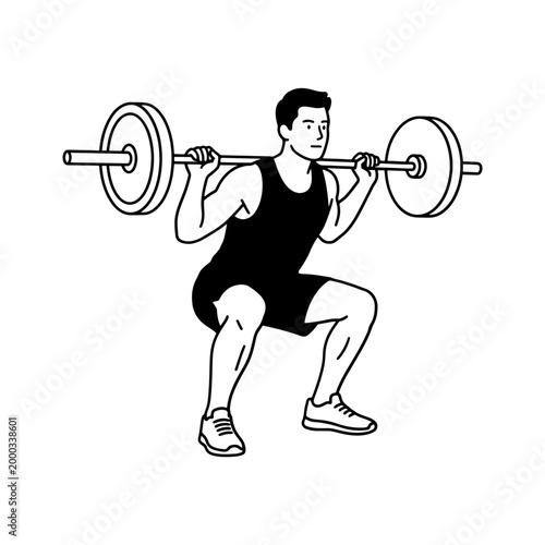 Minimalist black and white vector illustration of a man executing a barbell back squat. Perfect for fitness guides, gym posters, and workout instructional materials.