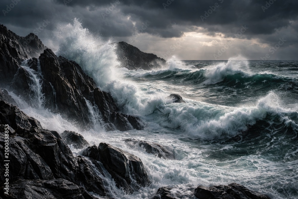 Fototapeta premium fierce stormy sea smashing waves against sharp rocky coastline