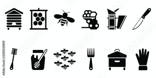 Beekeeping Equipment Icons Including Hive Honeycomb Bee Smoker Knife Honey Dipper Jar and Gloves apiary