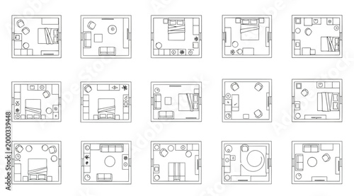 Set of bedroom floor plan layouts with furniture arrangement