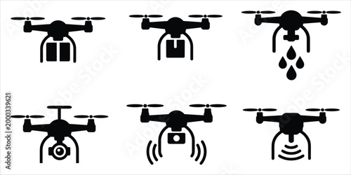 Six Black Silhouette Icons of Drones with Various Attachments and Functions quadcopter aircraft