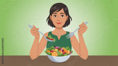 A cartoon woman eating a healthy salad with a fork and spoon