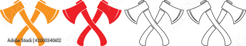 Colorful illustrations of axe pairs in orange red and gray for graphic design  various crossed axe icons in different colors