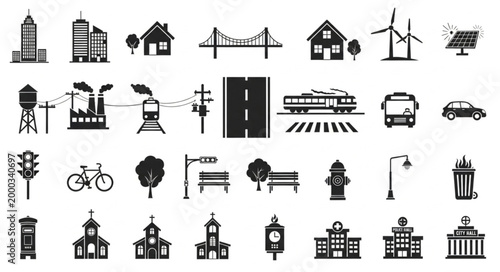 Collection of City Icons and Symbols Vector Illustration.