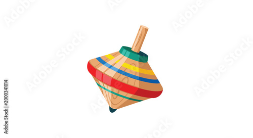 A wooden spinning top toy featuring horizontal bands of yellow blue and red paint sits diagonally on a clean white background in a simplified vector illustration style.