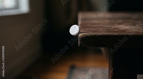 Imminent Decision: A pill teetering precariously on the edge of a rustic wooden table. symbolizing uncertainty, choice, and anticipation.
