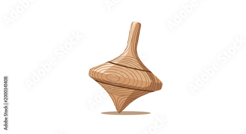 A tilted wooden spinning top displays natural wood grain patterns and a pointed base resting on a flat surface against a bright clean white background.