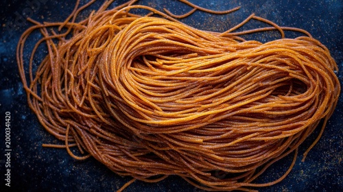 Close up of freshly made orange pasta noodles on dark background