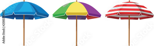 Colorful beach umbrellas set vector illustration with striped and multicolor parasols summer vacation seaside accessories isolated on white background