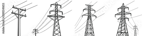 Photos Power line and transmission tower set with utility poles and high voltage cables