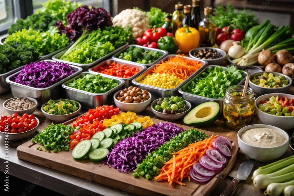 Fototapeta premium Assorted fresh vegetables arranged at a salad preparation station