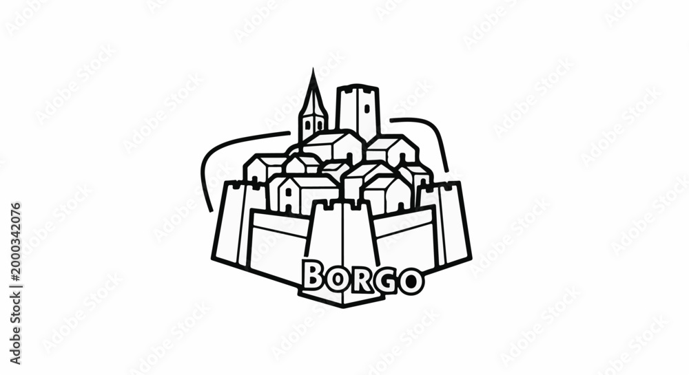 Naklejka premium Stylized black and white outline of a medieval walled village with a church