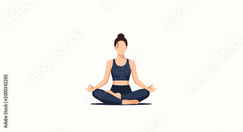 A fit woman wearing dark blue athletic apparel sits in a traditional lotus pose with hands in a mudra position against a clean and bright white background.