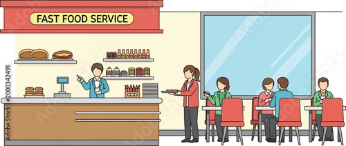 Illustrative-scene-depicting-a-bustling-fast-food-service-counter-with.eps