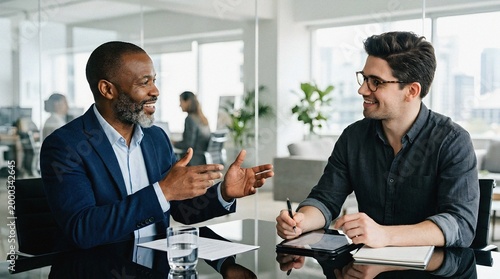 Mature Black mentor coaching a young colleague in a modern glass office