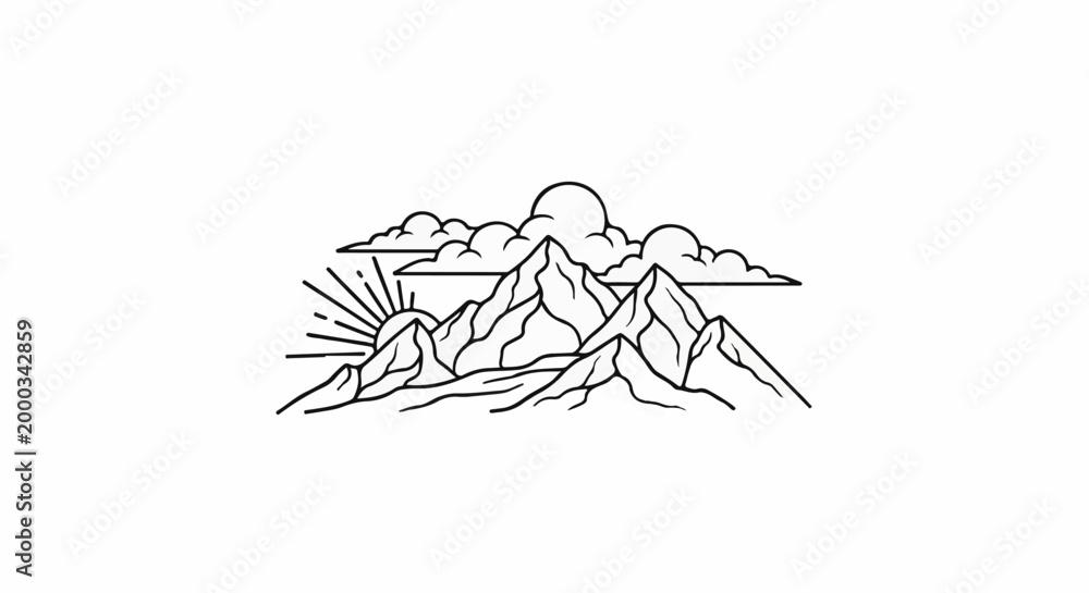 Fototapeta premium Stylized sun rises behind jagged peaks and fluffy clouds