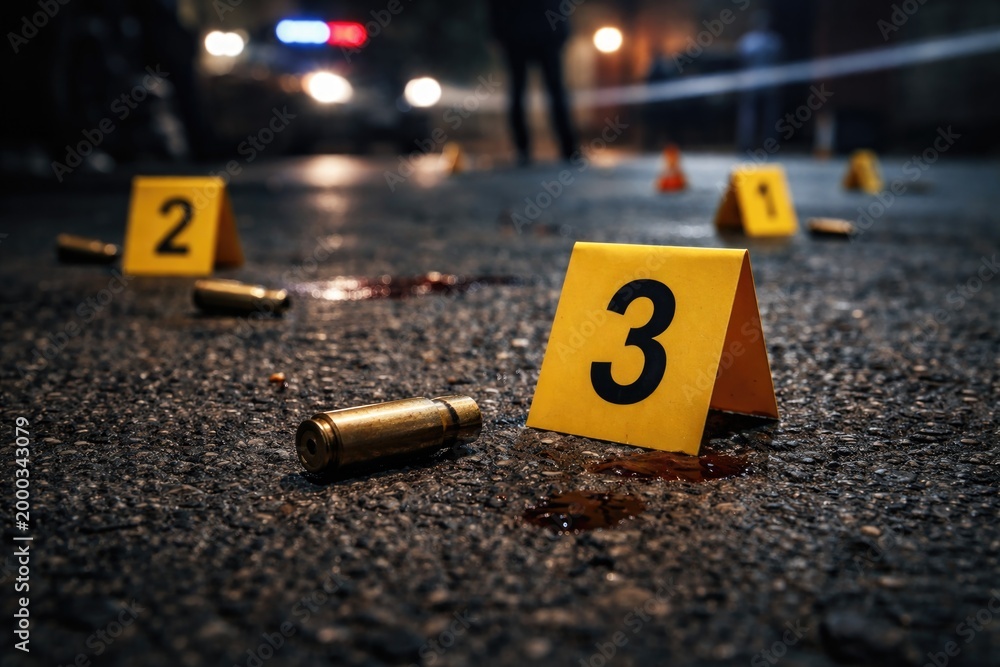 Naklejka premium Crime scene with yellow markers positioned by brass bullet shell on asphalt