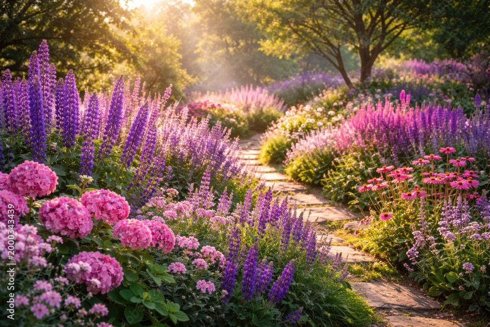 Obraz premium Bright garden landscape with rich violet and pink flowering plants in mild sunlight
