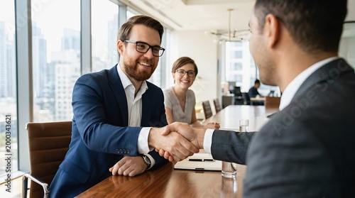 Smiling businessman shakes hands with partner in a city office meeting