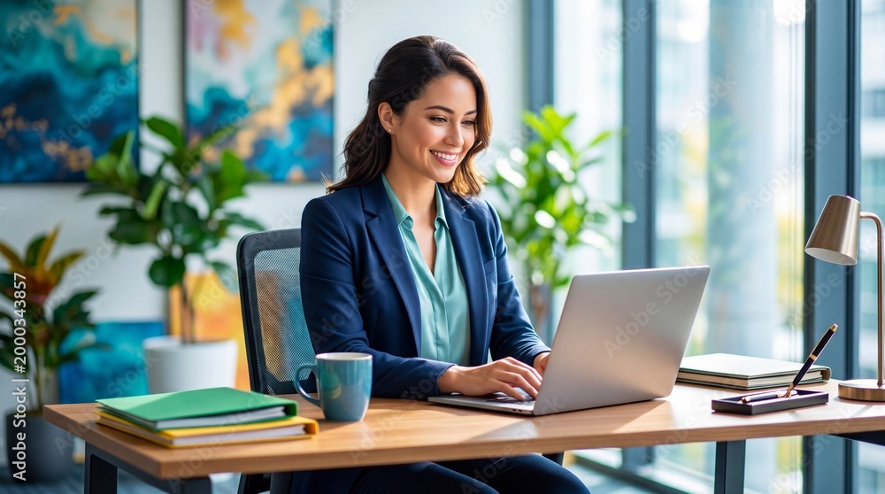 Fototapeta premium Woman typing on laptop at modern office desk. Smiling professional in business attire surrounded by plants and books. Productive workspace with city view and abstract art
