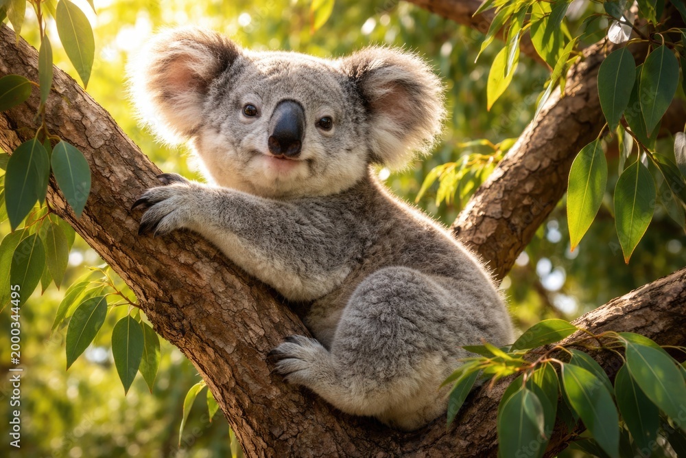 Fototapeta premium Cheerful koala pet resting in a dense eucalyptus tree with vibrant green leaves on a summer afternoon