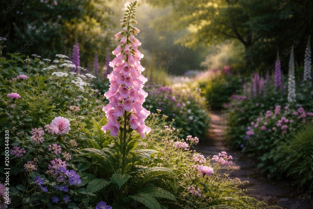 Obraz premium Beautiful garden scene featuring a tall pink foxglove bloom and dense greenery