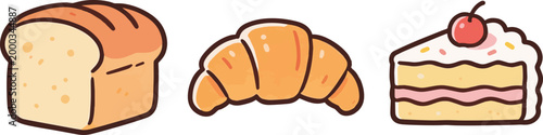 Cute doodle illustration set featuring bread, croissant, toast, and layered cake desserts in colorful hand drawn style. Perfect for bakery branding, cafe menus, packaging, and stickers.