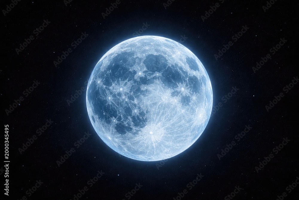 Fototapeta premium Close up of a luminous blue moon set against a dark empty sky