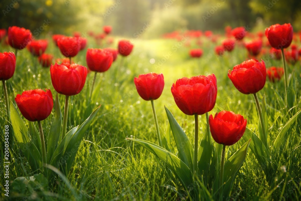 Fototapeta premium Cheerful red tulips growing abundantly in a fresh green grassy area